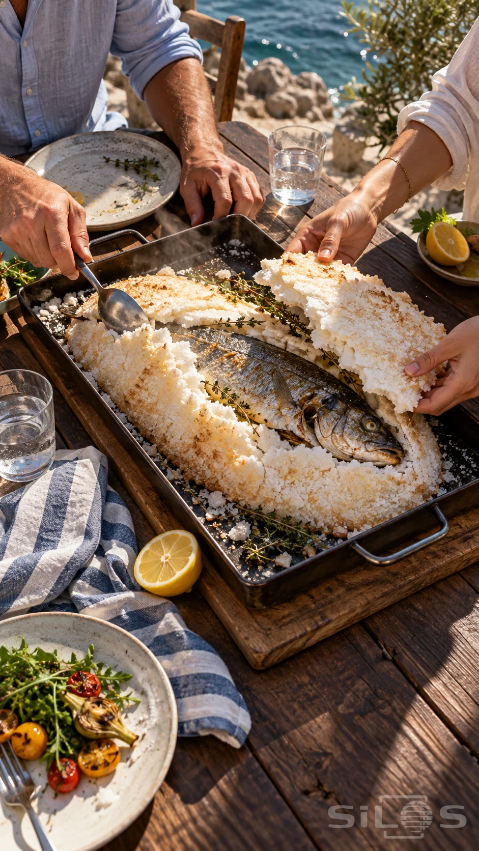 Adult hands lift pieces of salt crust from a whole baked fish on a dark roasting tray beside lemon and striped linen.