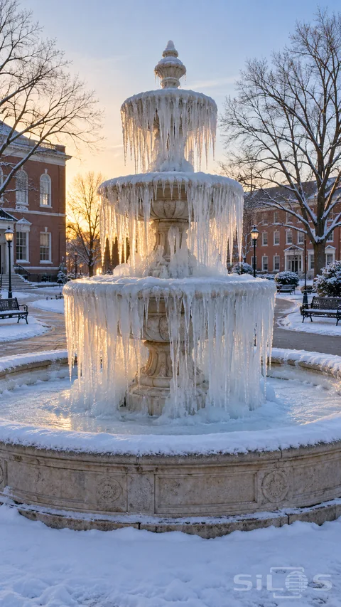 A frozen fountain carries long hanging icicles above its snowy stone basin in a brick town square at sunrise.