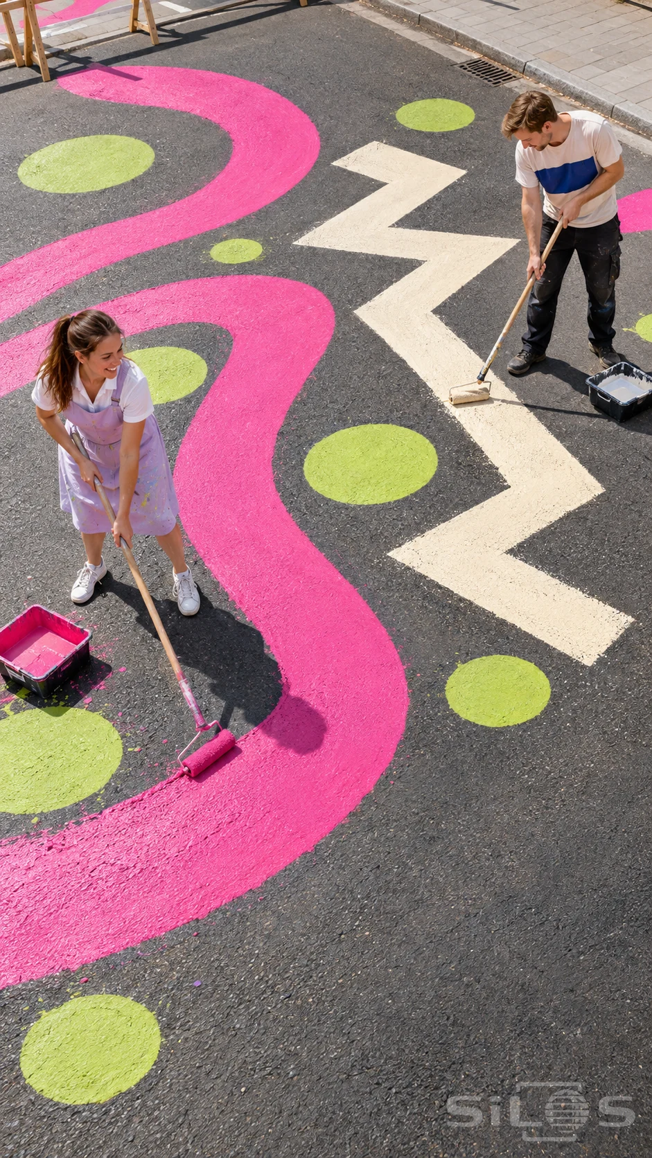 Street painting day with two adults using long rollers to finish large fuchsia curves, lime discs and ivory zigzags on quiet asphalt.