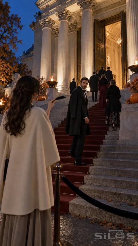A woman in a cream cape holds a black feather toward a man turning on grand museum steps as unmasked guests enter the lit doorway.