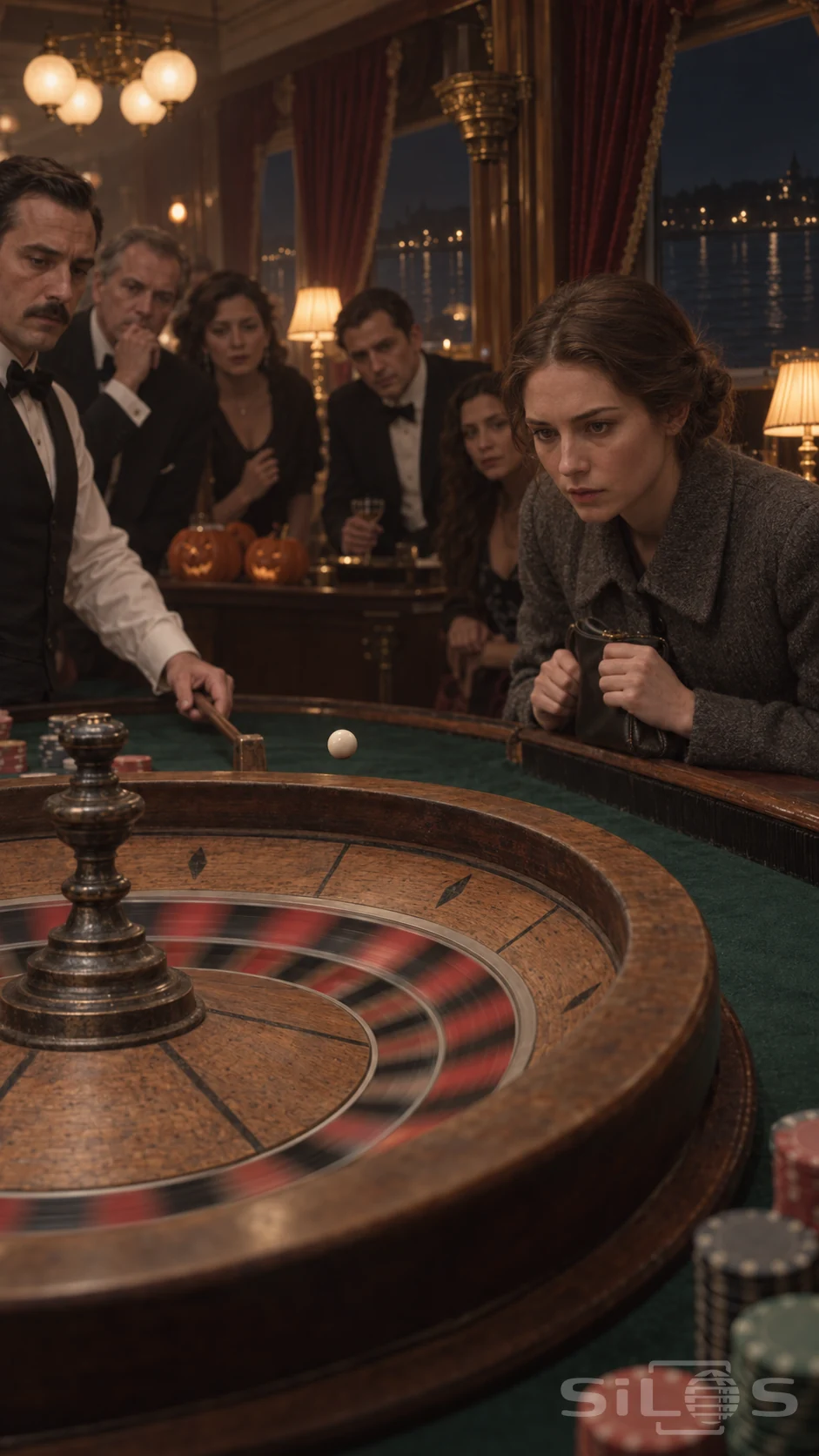 Ivory roulette ball suspended above a spinning wooden wheel while a grey-coated woman and evening guests watch in a riverboat saloon.