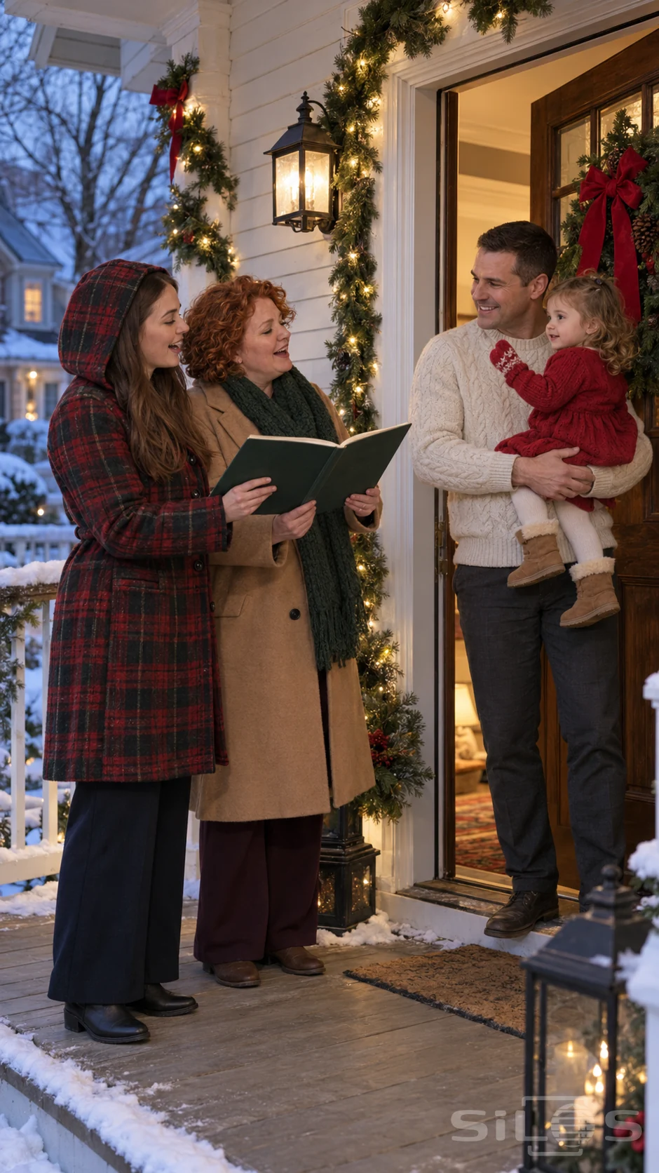 Two singers share a songbook during a carol visit as a father holds his toddler at a glowing Christmas doorstep.