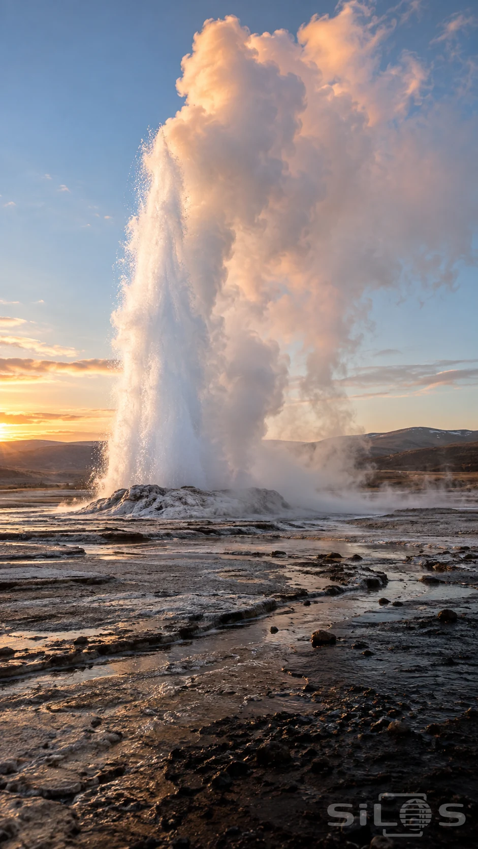 A geyser sends a tall white plume and drifting steam above pale mineral ground and wet runoff beneath a blue morning sky.