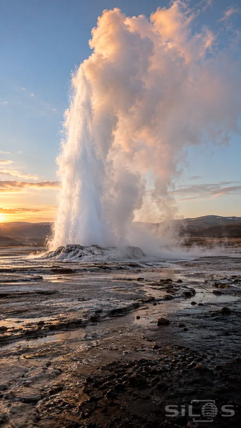 A geyser sends a tall white plume and drifting steam above pale mineral ground and wet runoff beneath a blue morning sky.