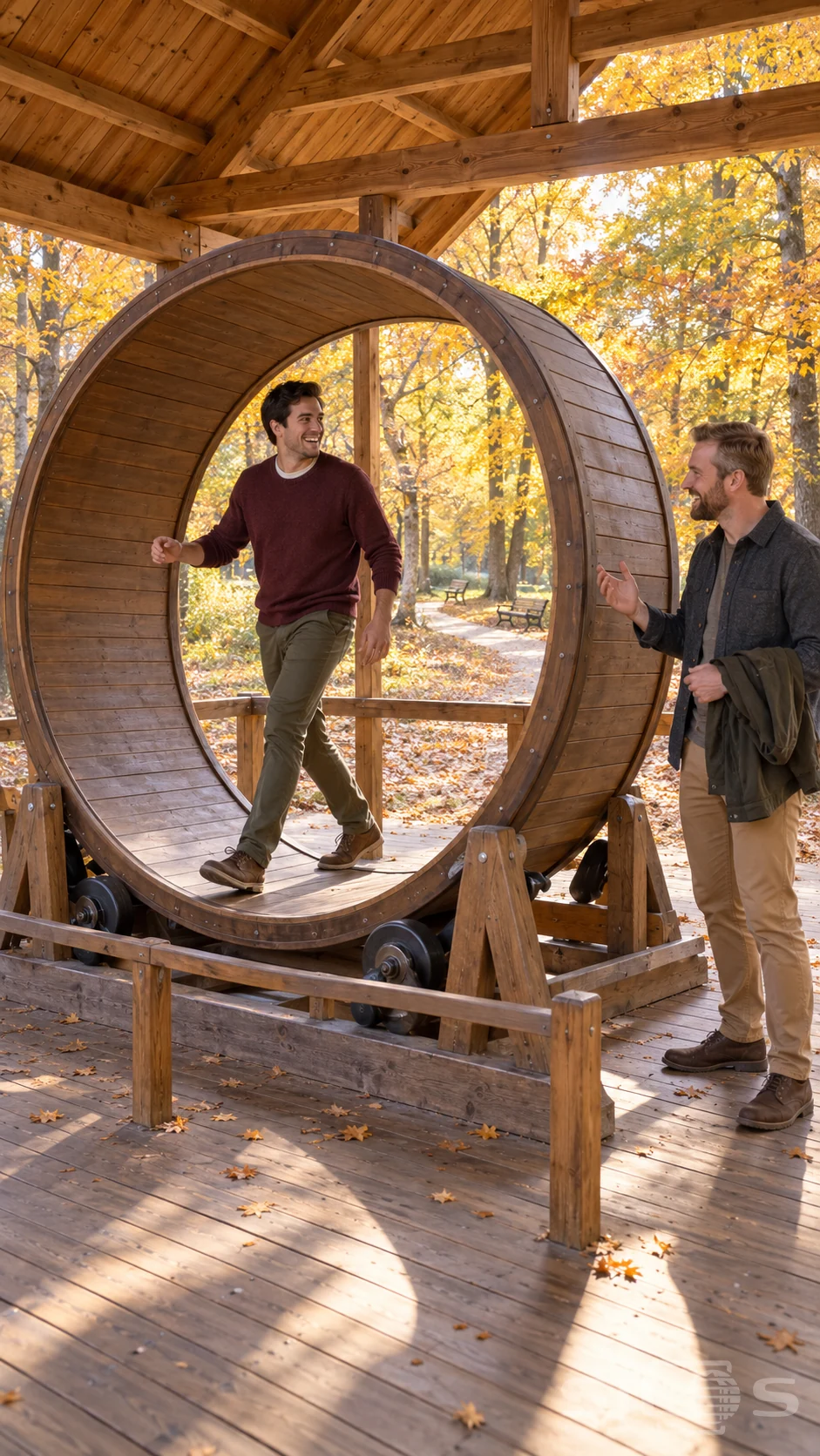 A man steps inside a wooden walking wheel while his friend laughs beside the forest pavilion.