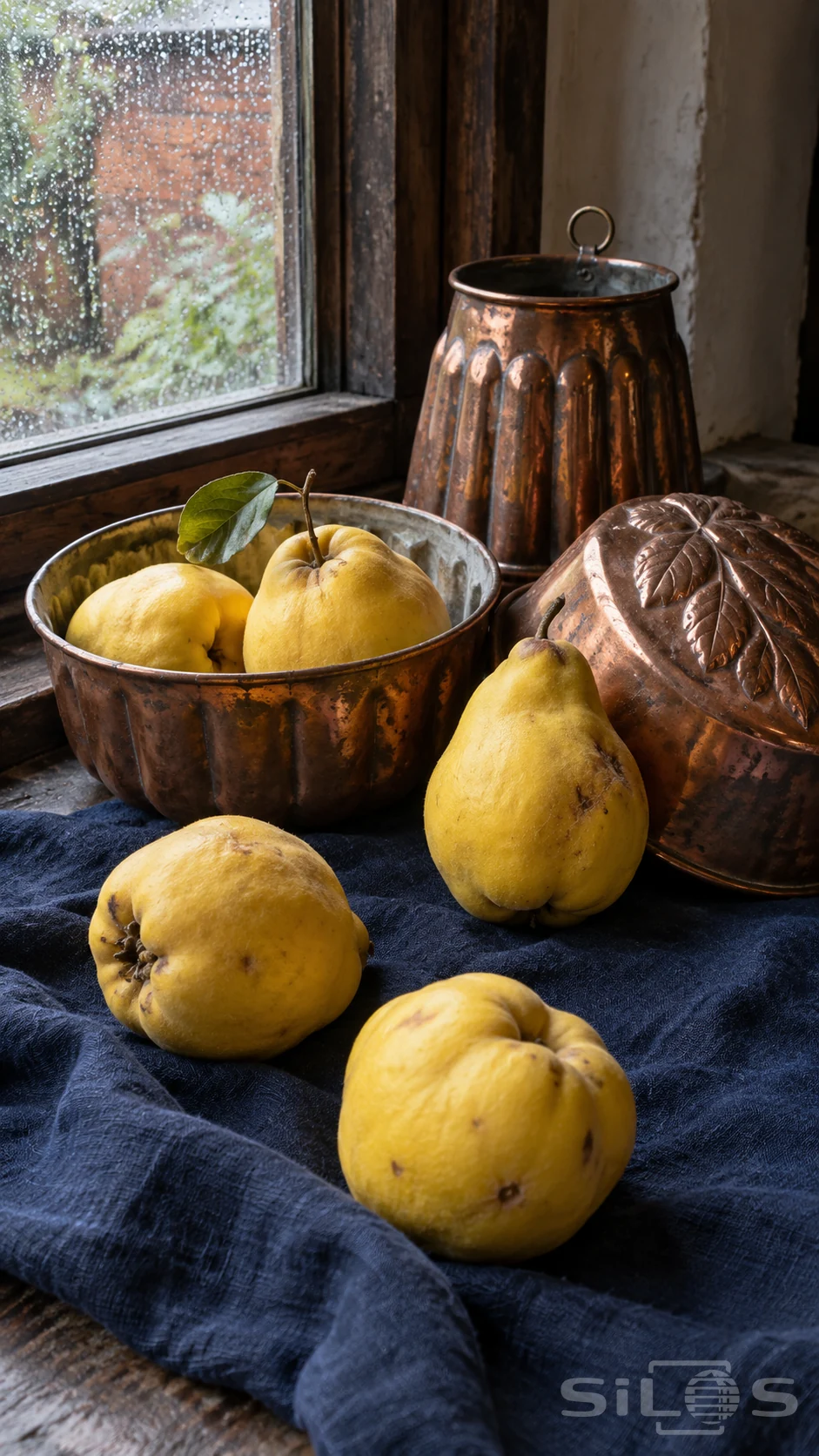 Five golden quinces rest among copper jelly molds on navy linen beside a rain-speckled kitchen window.