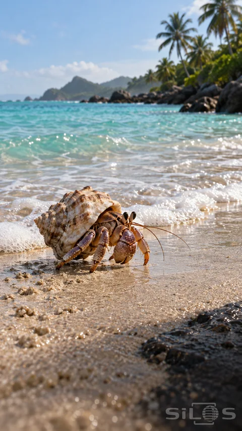 A hermit crab with a cream spiral shell; dark eye stalks and brown-purple claws walks on damp sand beside sea foam.