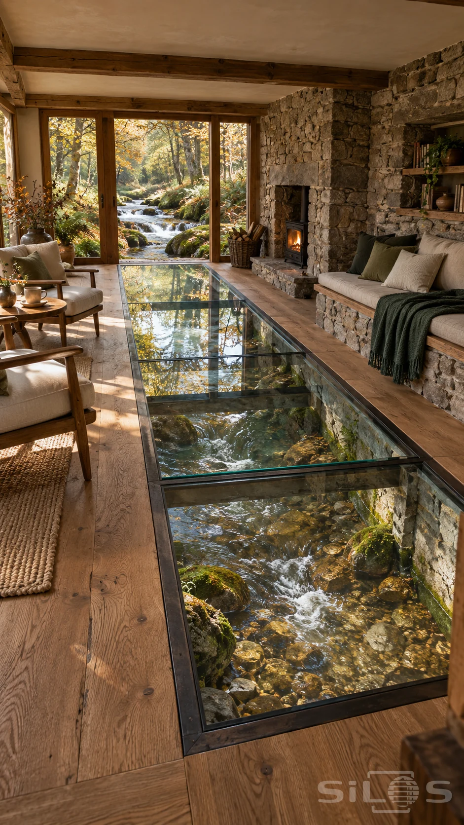A clear framed glass floor shows a rocky stream beneath a stone sitting room with linen chairs, a cushioned bench and autumn woodland windows.