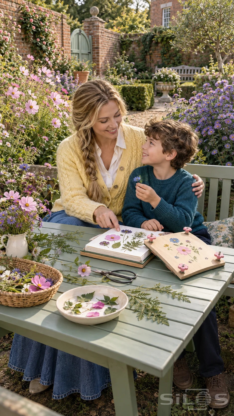 A mother and son smile at each other beside an open wooden flower press on a table in a flowering garden.