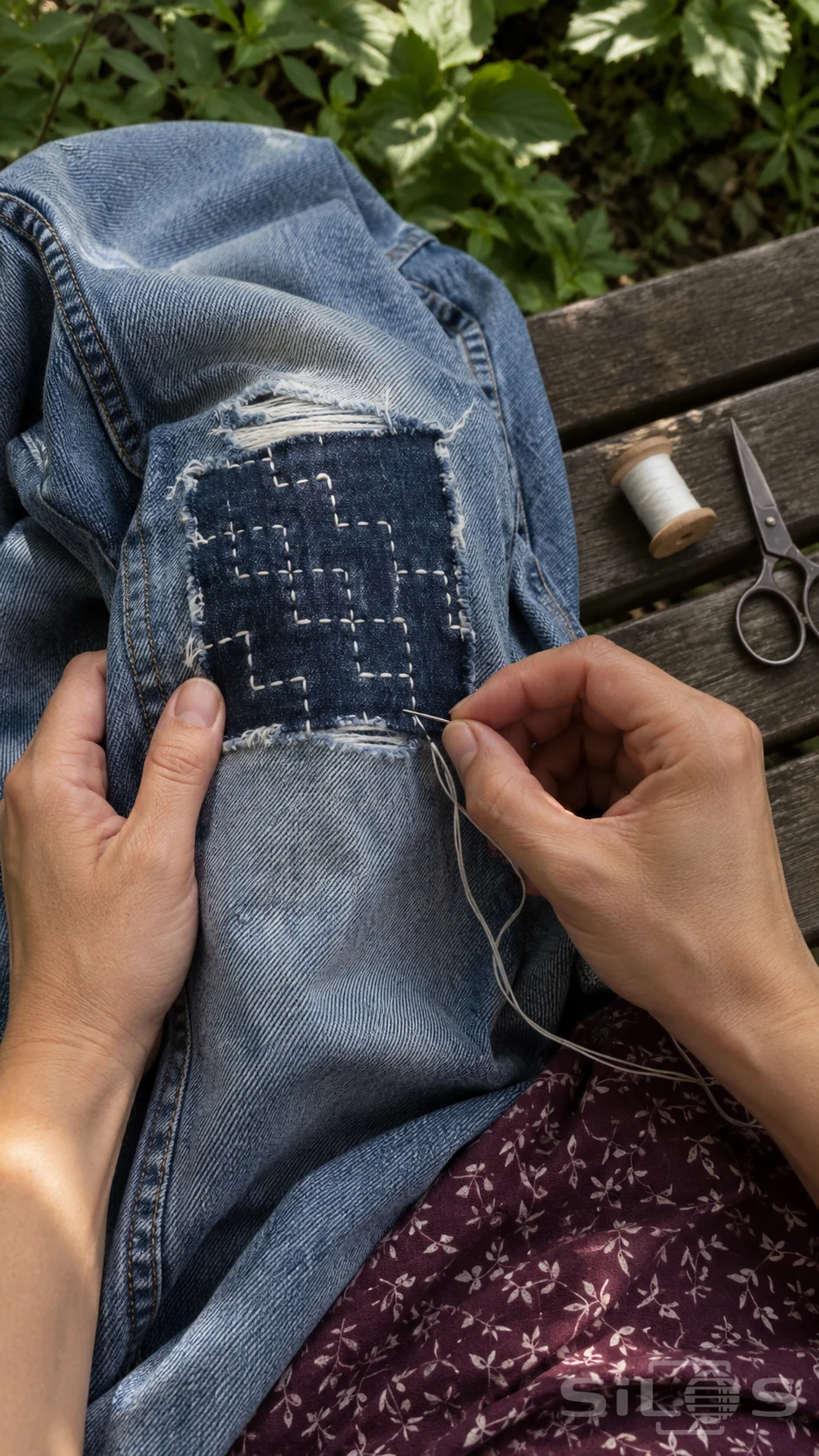 Adult hands work at visible denim mending, drawing white thread through an indigo patch on faded jeans.