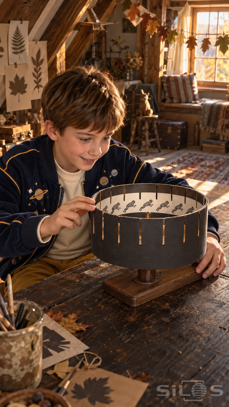 A handmade zoetrope with a child spinning a slotted cardboard drum containing leaping frog drawings while steadying its wooden base.