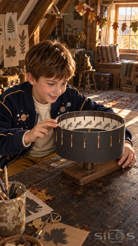A handmade zoetrope with a child spinning a slotted cardboard drum containing leaping frog drawings while steadying its wooden base.