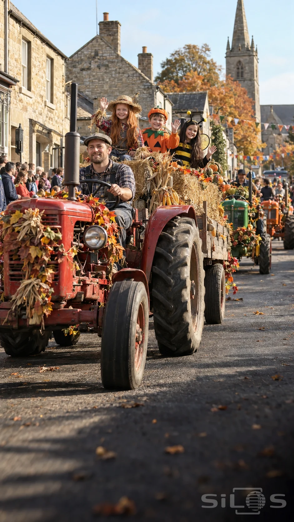 A red vintage tractor carries a driver and a trailer of waving children in Halloween costumes through a stone village