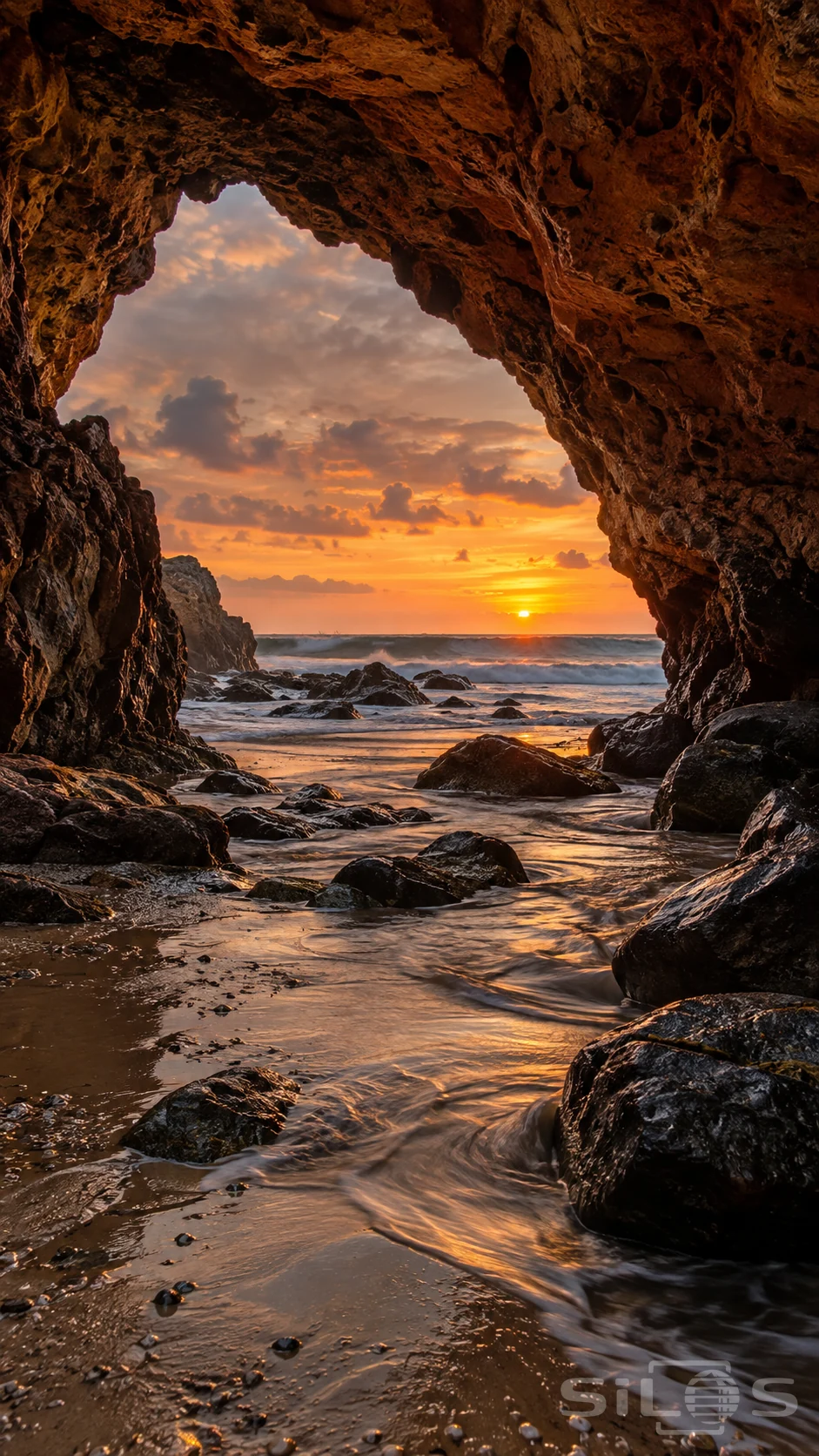 A sea cave sunset glows through a rough rock arch above a tidal channel, dark boulders and reflective wet sand.