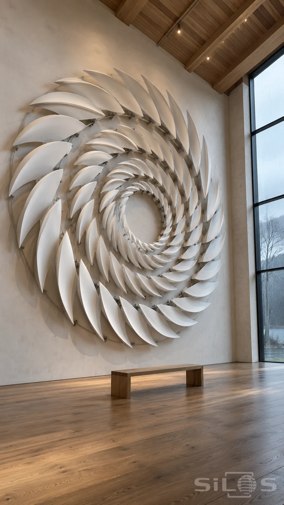 Concentric rings of curved white metal petals cover a tall gallery wall above a small oak bench.