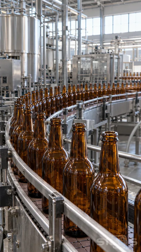 Uncapped amber bottles follow a curved conveyor between metal guide rails; with stainless steel equipment and pipework behind.