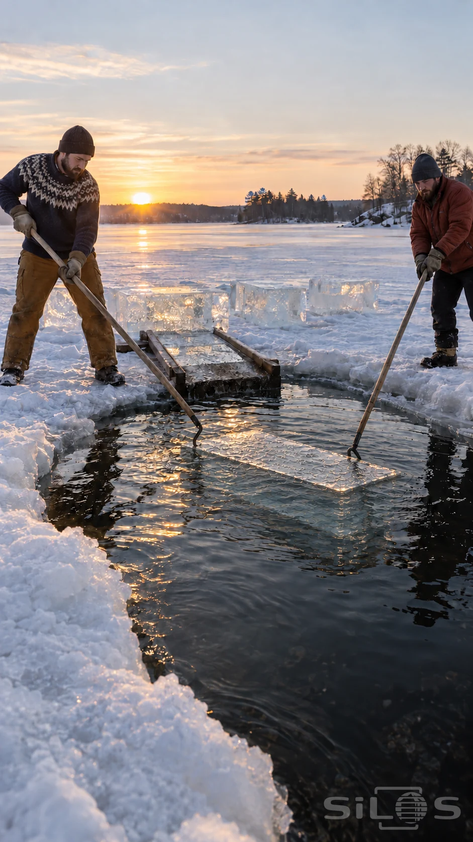 Ice block harvest with two men guiding a mostly submerged clear block toward a wooden ramp at a snowy lake edge in low sunlight.