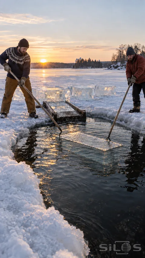 Ice block harvest with two men guiding a mostly submerged clear block toward a wooden ramp at a snowy lake edge in low sunlight.