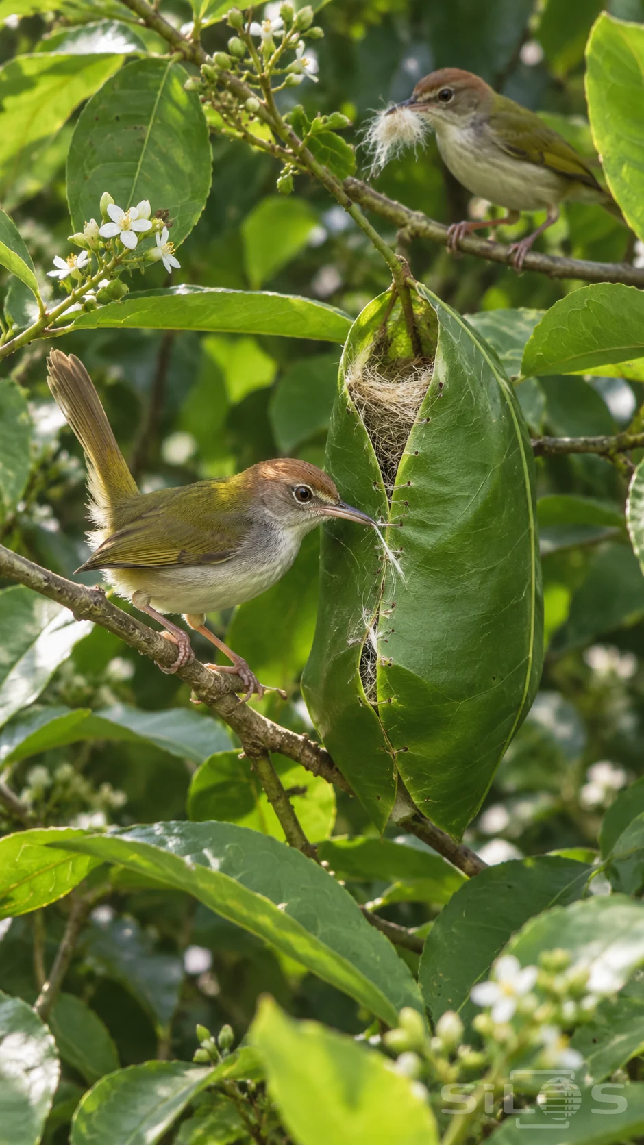 A rust-crowned tailorbird pulls a fine fibre along the joined edges of a green leaf nest while another bird waits above.