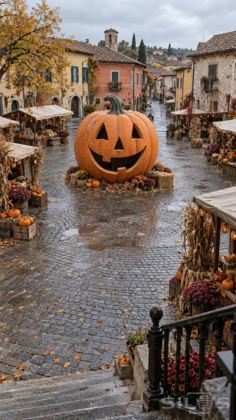 Giant matte orange jack-o-lantern in an empty cobbled square with harvest stalls; autumn flowers and old plaster buildings.