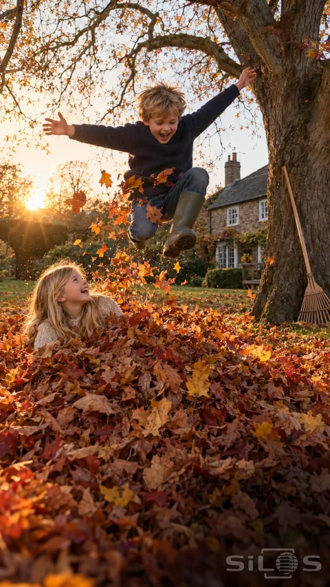 A boy in a navy jumper leaps above a red and gold leaf pile while his blonde sister laughs up from the leaves beside an oak.