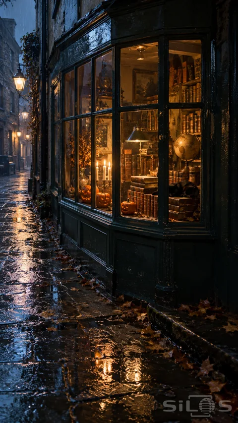 A dark green bookshop window filled with books and pumpkins shelters a sleeping black cat above wet cobblestones.