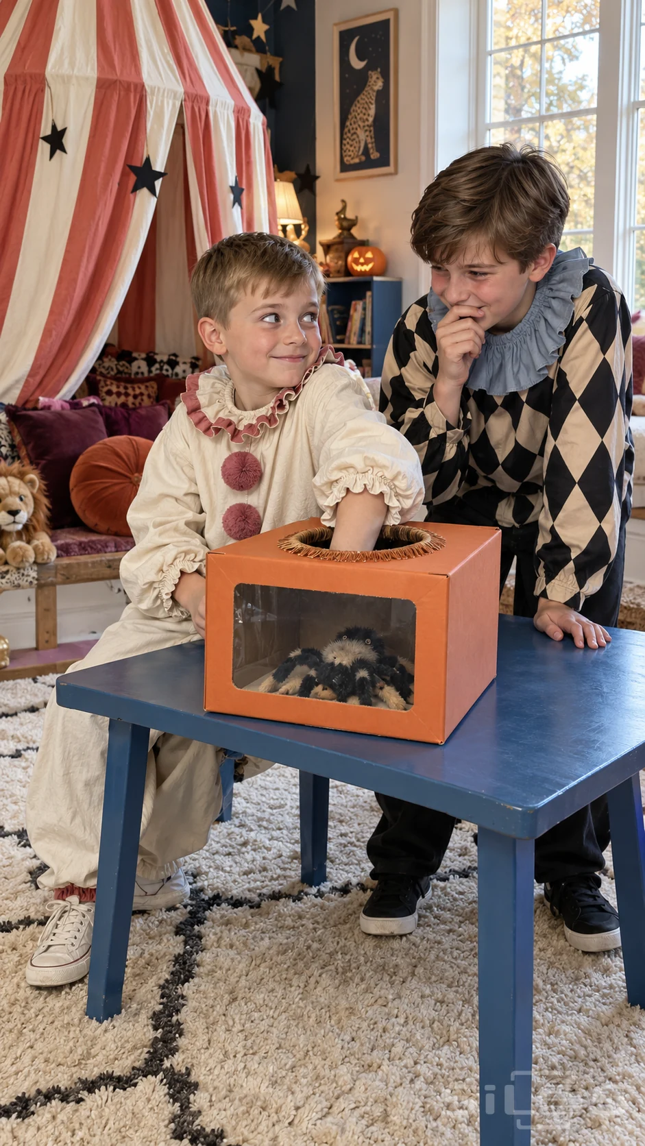 Two boys in clown costumes share a grin over a mystery box containing a plush spider on a blue table.