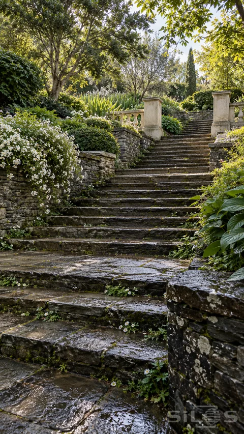 Broad wet stone staircase between stacked stone walls; white daisies and green planting beneath mature trees.