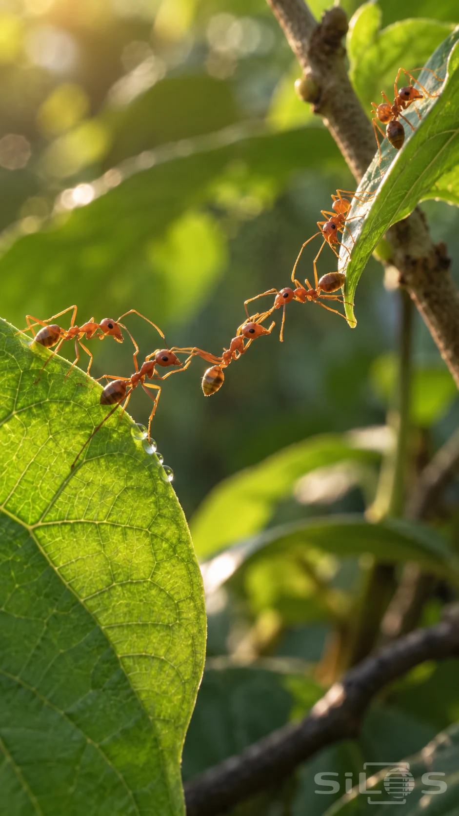 Weaver ants form a short living chain across a leaf gap with backlit green veins and tiny dew beads below.