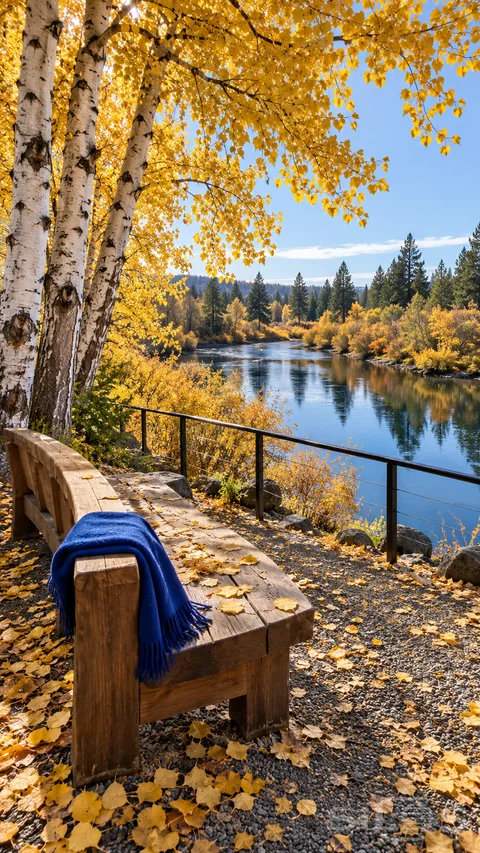 A birch bench holds a blue scarf beneath golden leaves beside a calm river and dark pines.