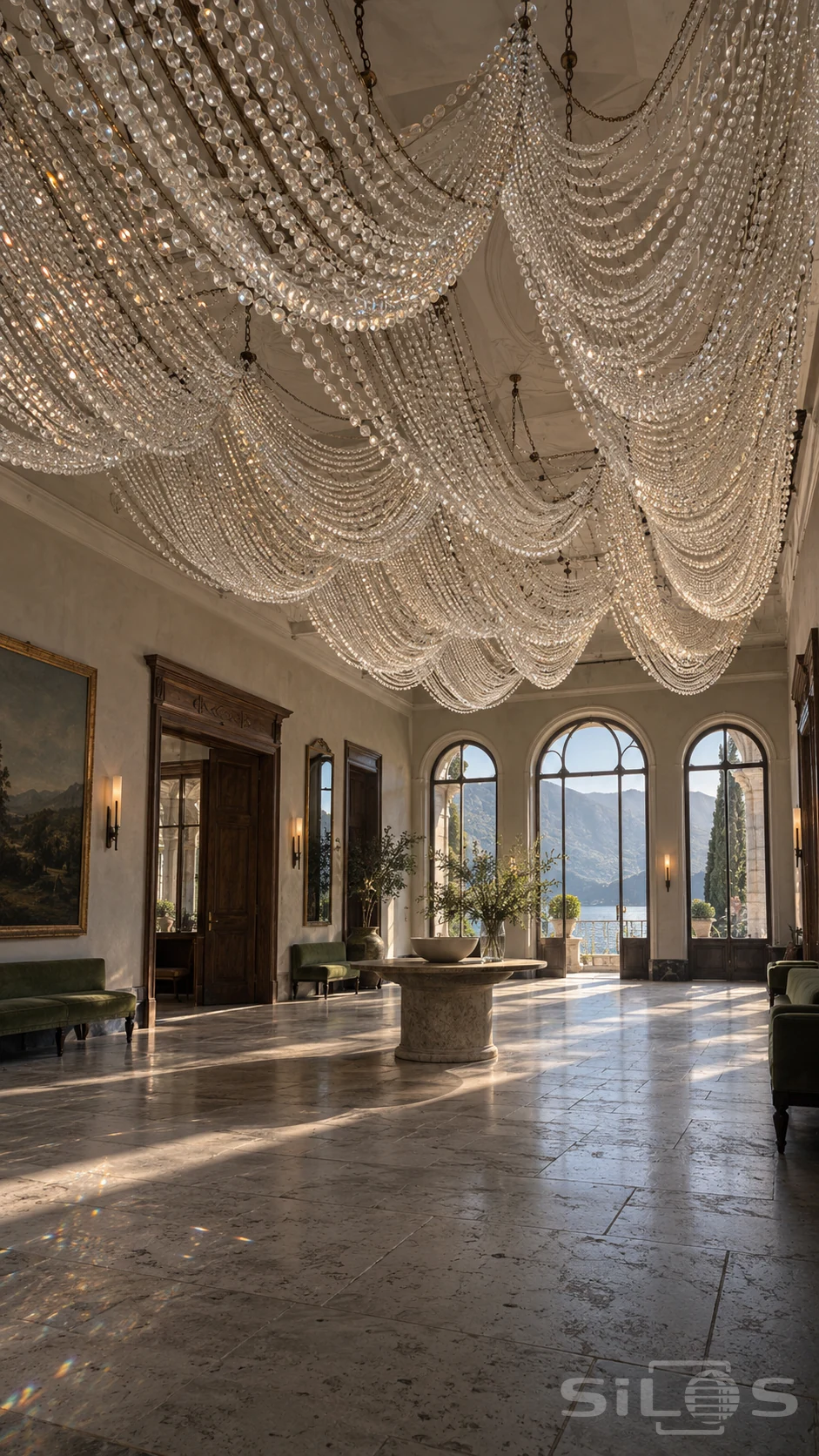 Deep swags of clear crystal beads hang across a high foyer ceiling above green benches and arched windows facing a lake.