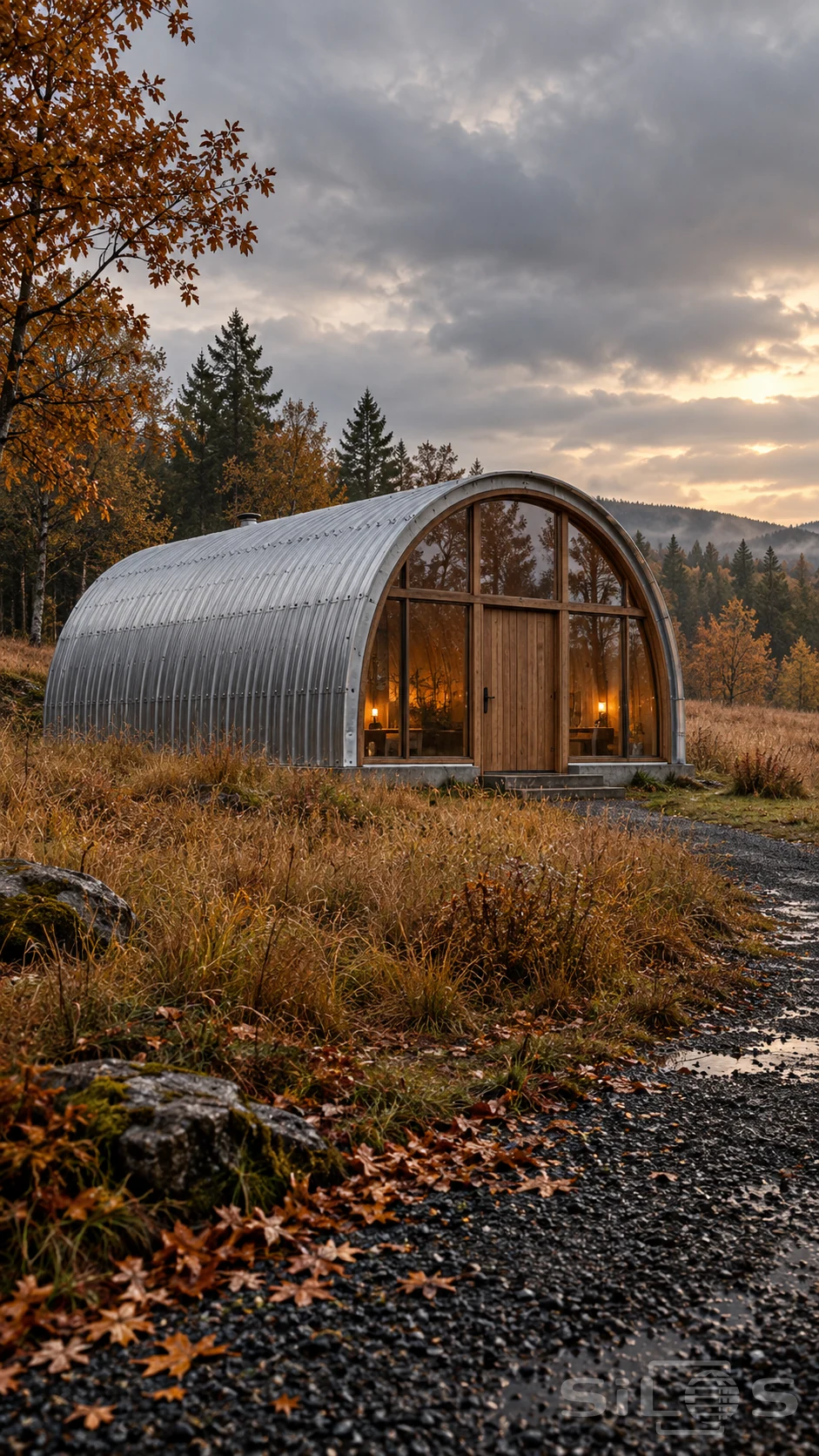 A silver corrugated hut with a curved roof and glazed timber front stands in copper grass beside wet gravel and autumn trees.