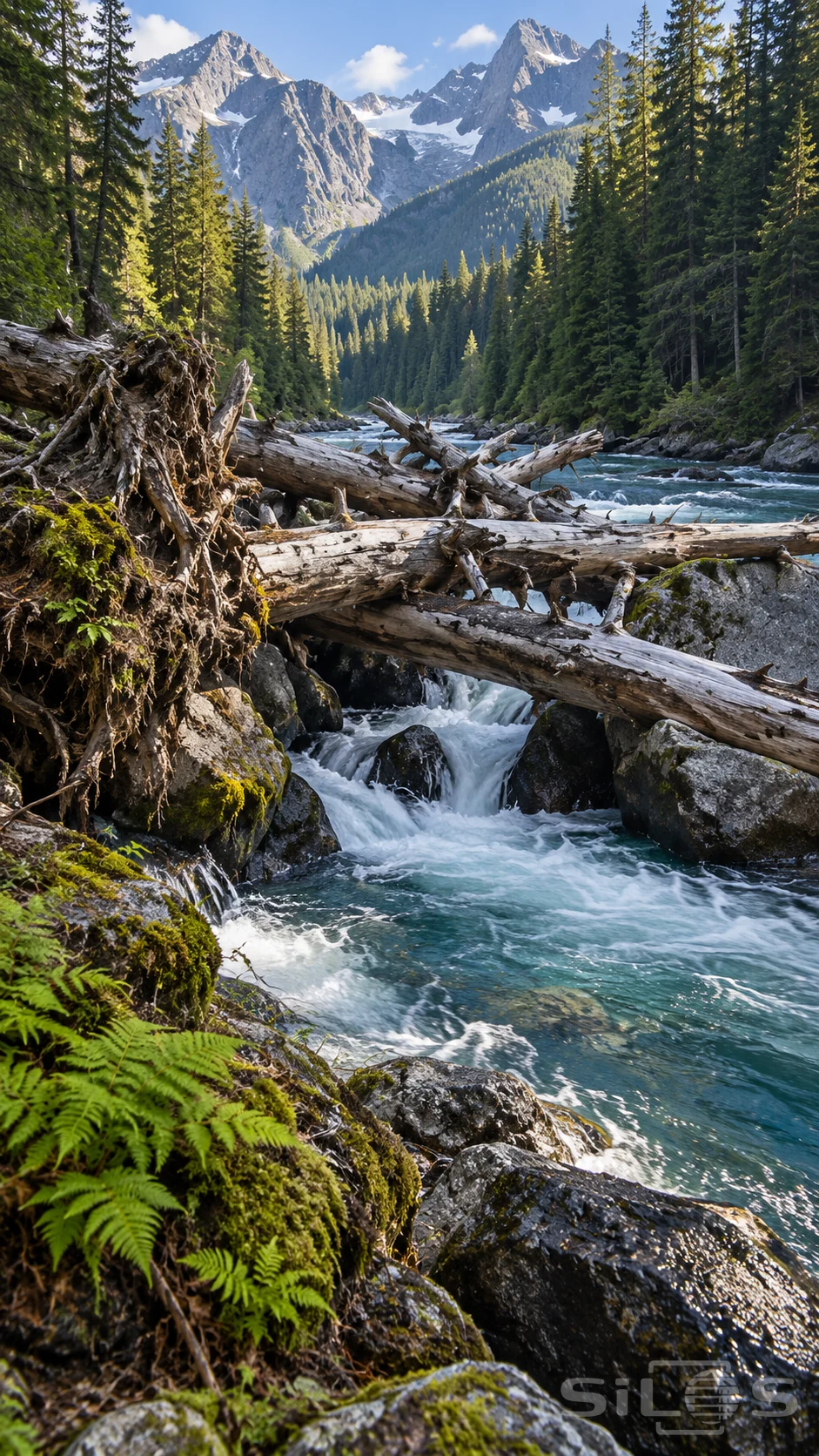 A driftwood logjam crosses a turquoise mountain river beneath exposed roots and a forested valley with rocky peaks.