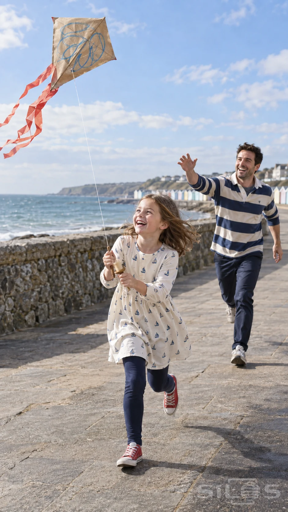 A girl runs with a brown paper kite and red streamers while her father follows beside a stone wall on the seaside promenade.