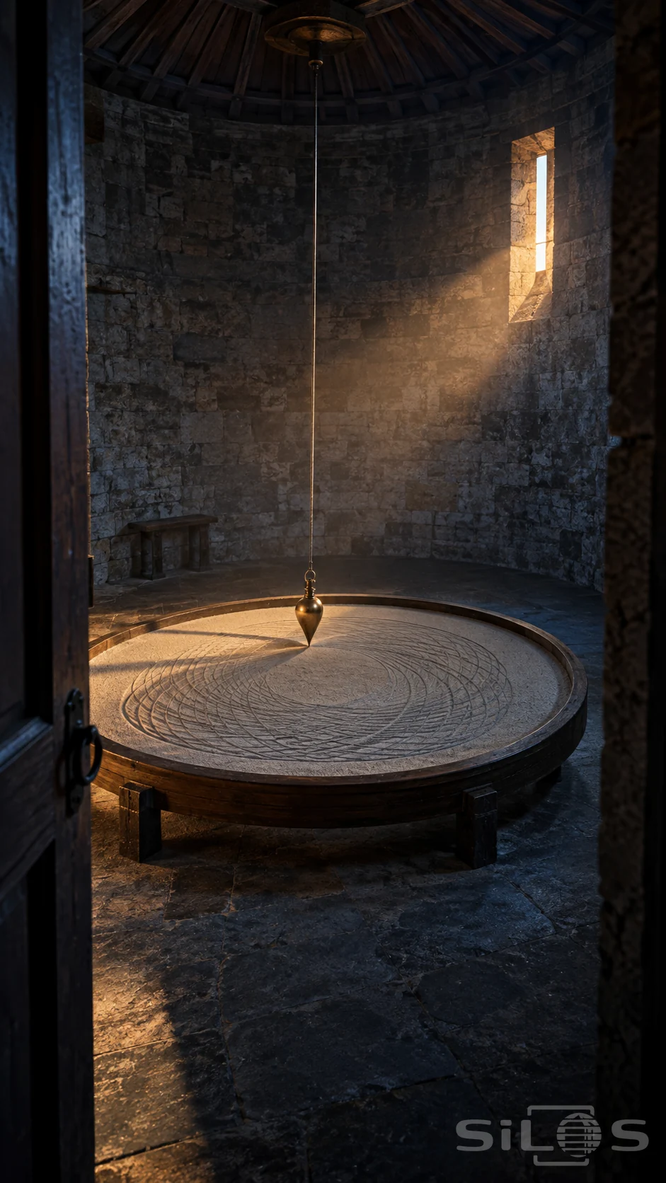 A brass sand pendulum hangs over overlapping grooves in a circular tray inside a dim stone room.