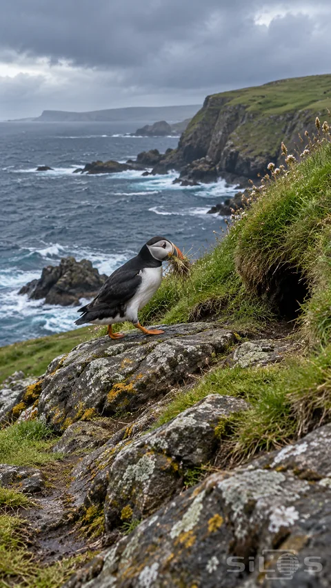 A puffin carries grass toward a turf burrow on a rocky cliff; with orange feet; green cliff grass and rough blue sea beyond.
