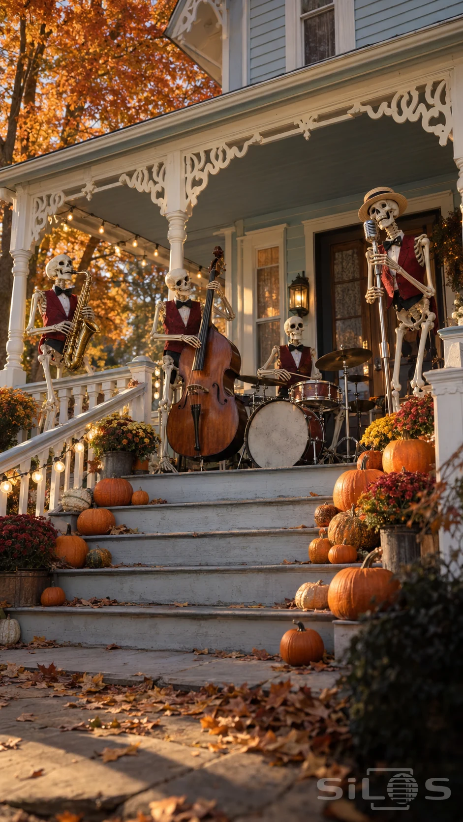 Four skeleton musicians in red waistcoats play on a blue Victorian porch above steps lined with pumpkins and potted autumn flowers.