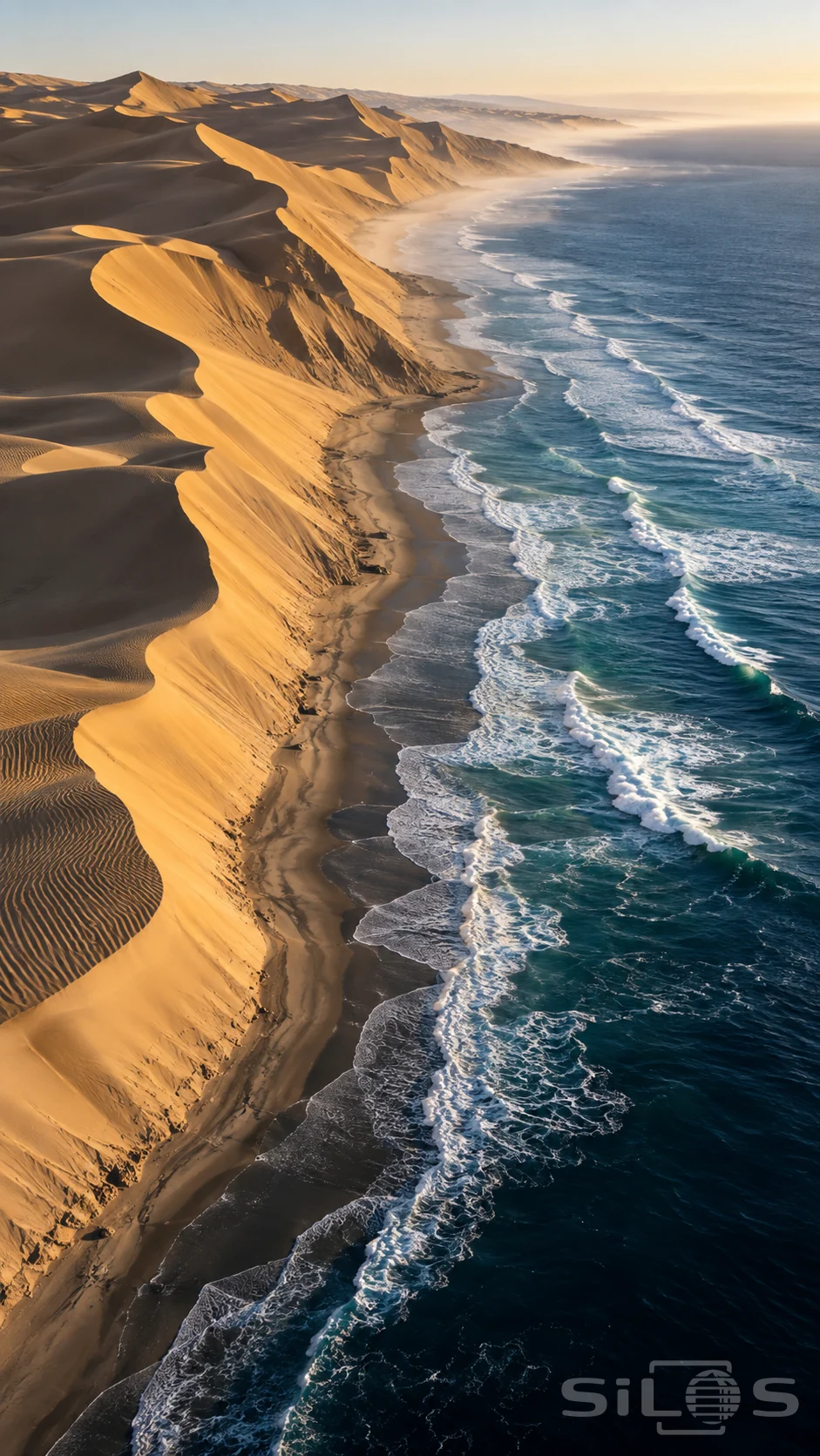 High sand dunes with steep golden slopes meet a dark wet beach beside parallel bands of white surf and blue ocean.