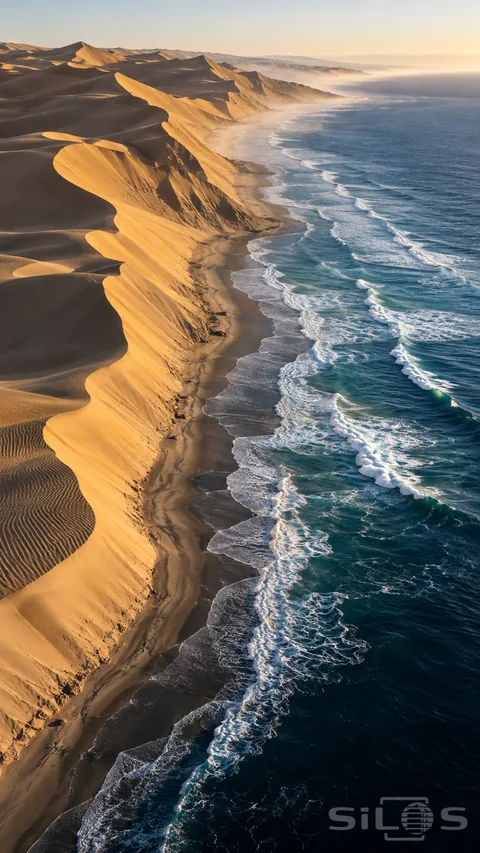 High sand dunes with steep golden slopes meet a dark wet beach beside parallel bands of white surf and blue ocean.
