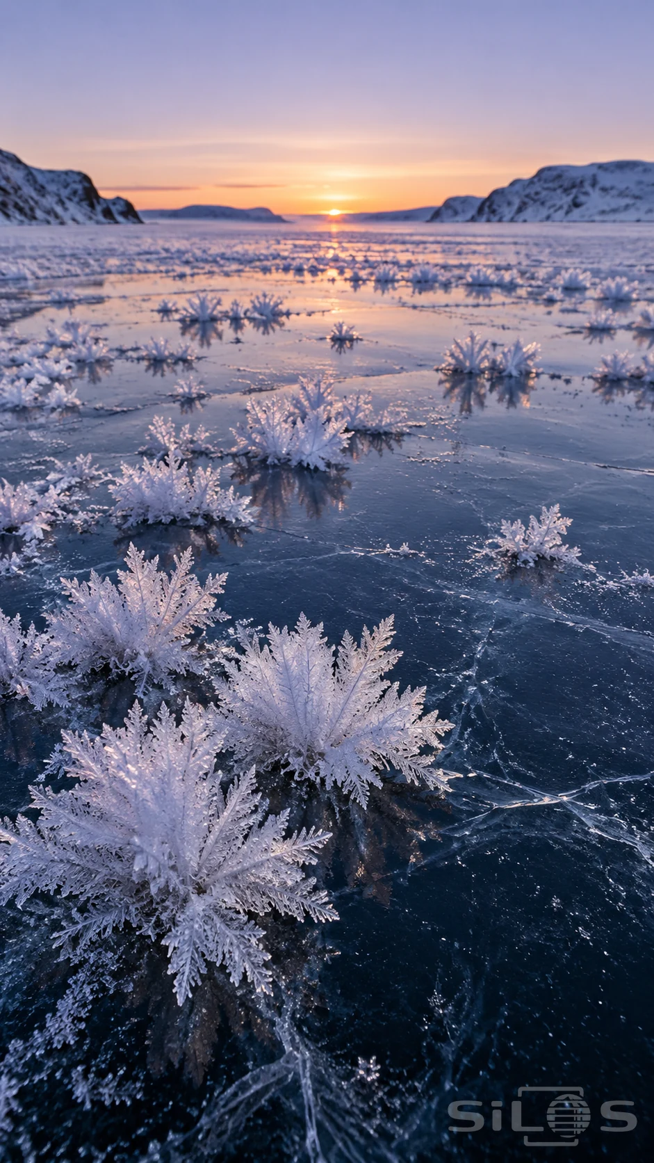 Frost flowers form small white branching clusters on blue ice, with snowy headlands and a pale dawn horizon.