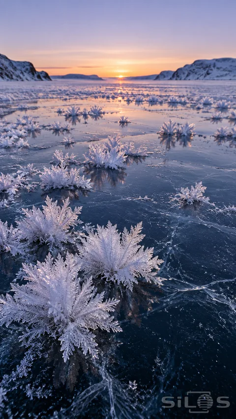 Frost flowers form small white branching clusters on blue ice; with snowy headlands and a pale dawn horizon.