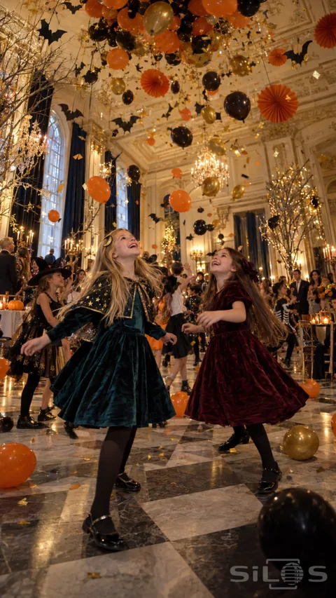 Two girls in teal and burgundy velvet dresses laugh beneath falling balloons and gold confetti in a warmly lit Halloween ballroom.