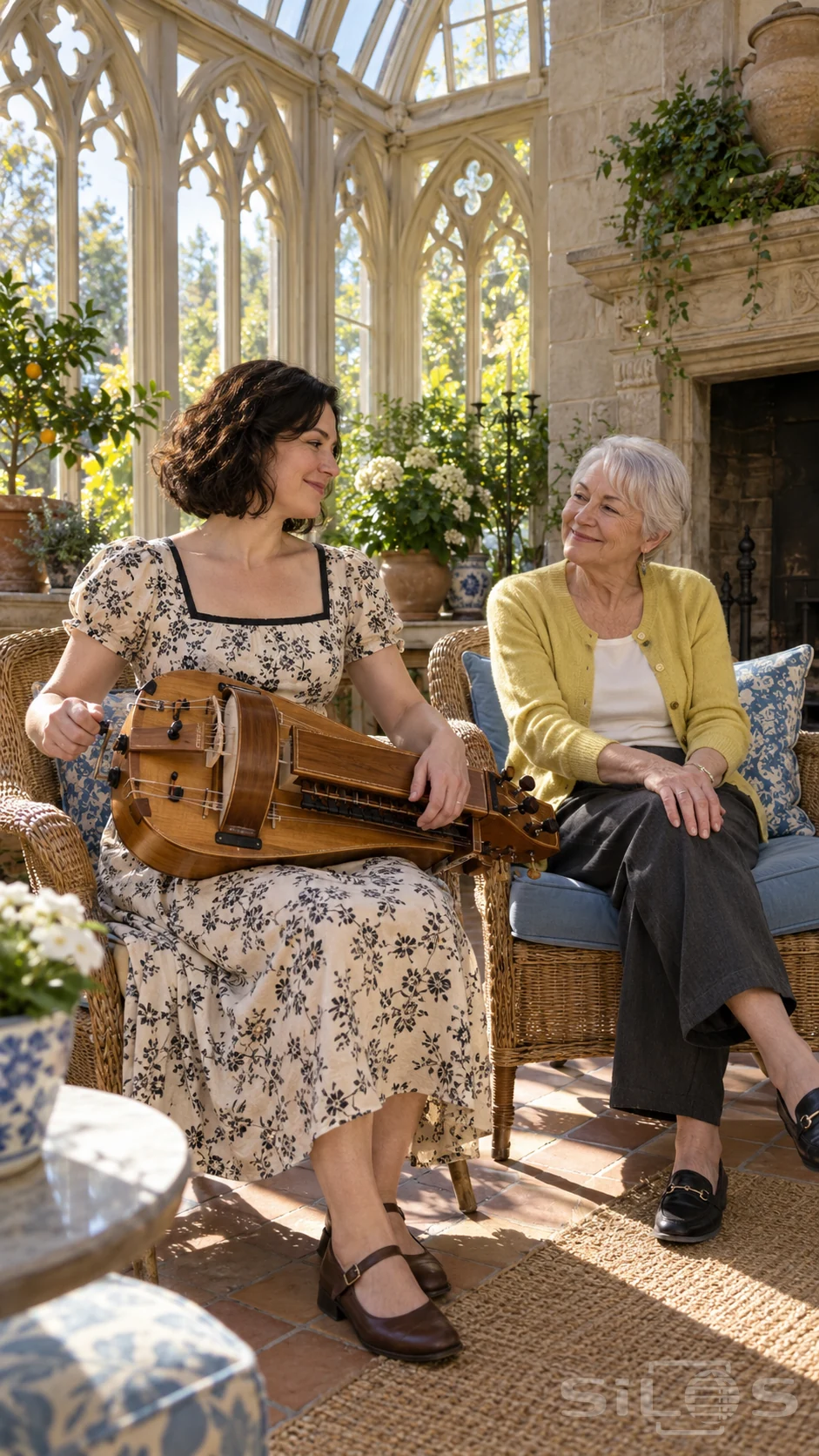 A woman plays a wooden hurdy-gurdy while her silver-haired friend smiles beside her in a sunny orangery with pointed windows.