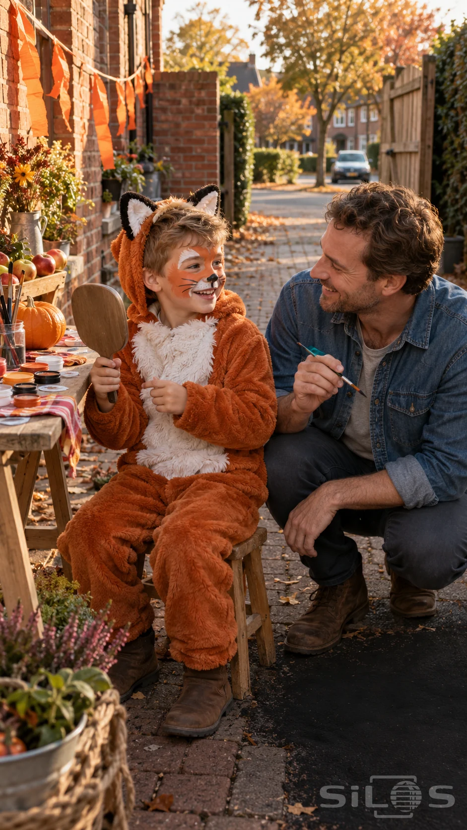 Fox face paint on a smiling boy in an orange fleece costume beside his father and paint pots on a brick driveway.