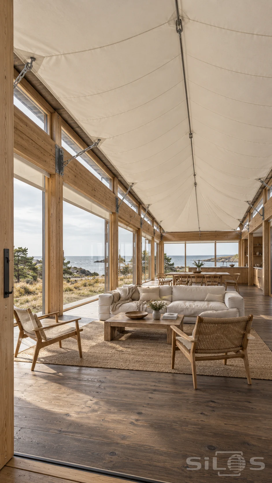 Off-white canvas ceiling tensioned inside a broad timber house above a sofa and dining area, with coastal views through glass.