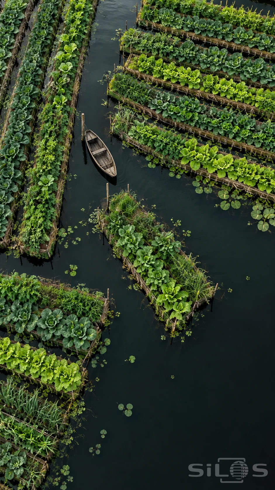 Floating garden beds form narrow green strips on dark water, with wider channels and a small tied wooden canoe.