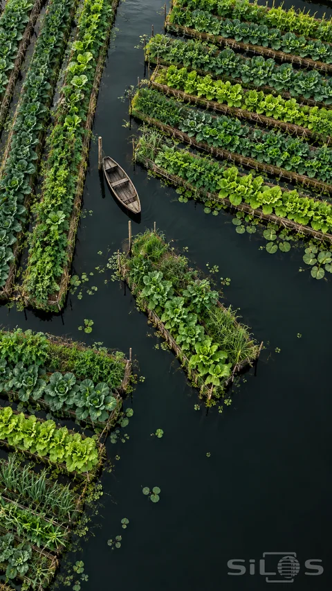 Floating garden beds form narrow green strips on dark water; with wider channels and a small tied wooden canoe.