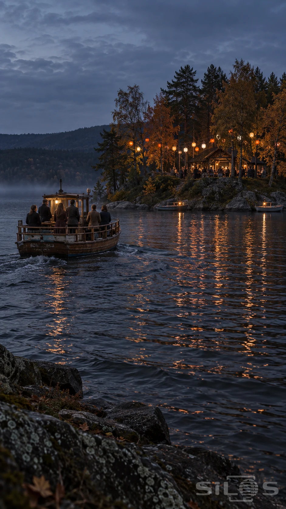 A weathered wooden ferry carries six passengers across rippling water to an autumn island with paper lanterns and a timber pavilion.