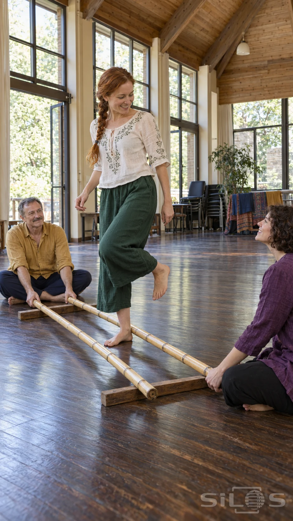 Three adult friends share tinikling practice around two bamboo poles in a sunlit timber hall.