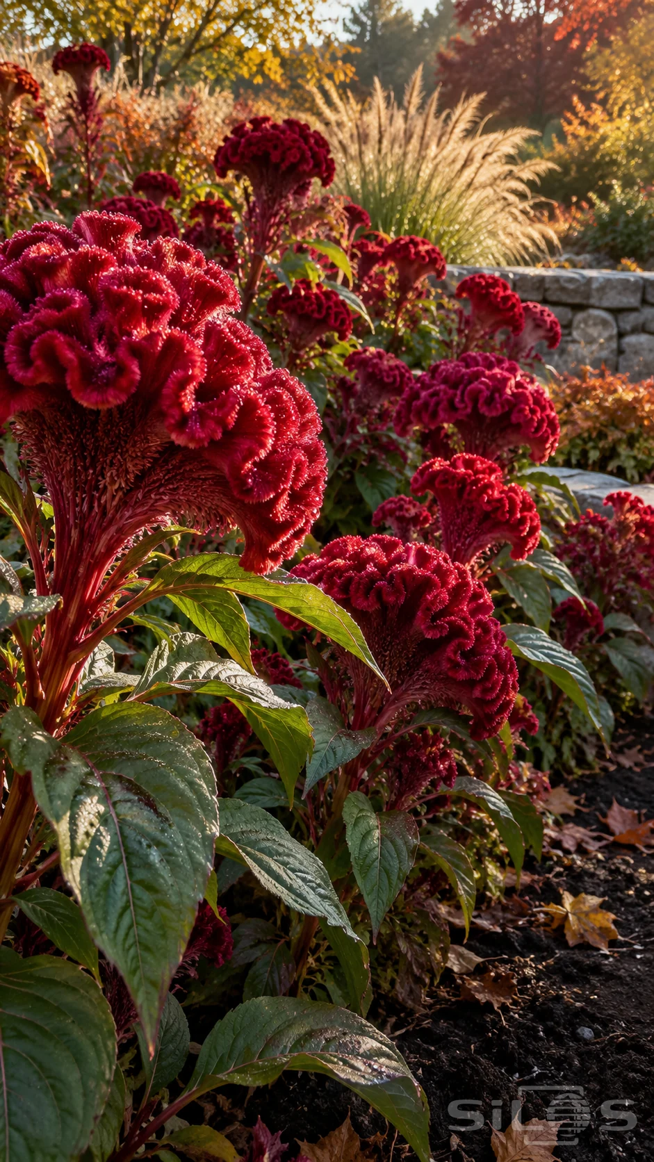 Crimson celosia flower heads form dense velvety folds above red stems and green leaves beside an autumn garden border.